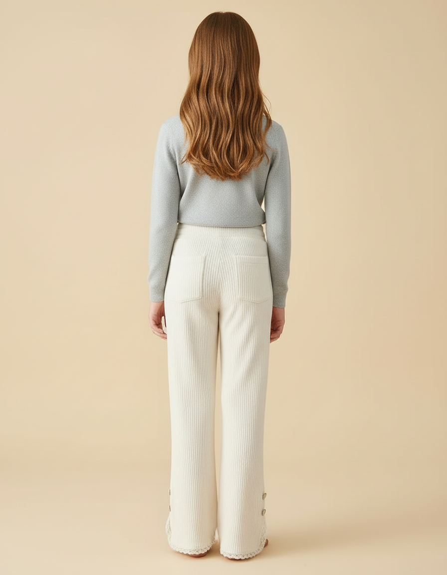 Pantalon Blanc Côtelé Ample Décontracté Dentelle Boutons - Cordé - vue 2