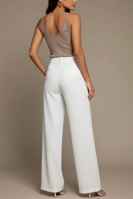Pantalon Blanc Évasé Plissé Taille Haute Élégant - Polyester - vue 2