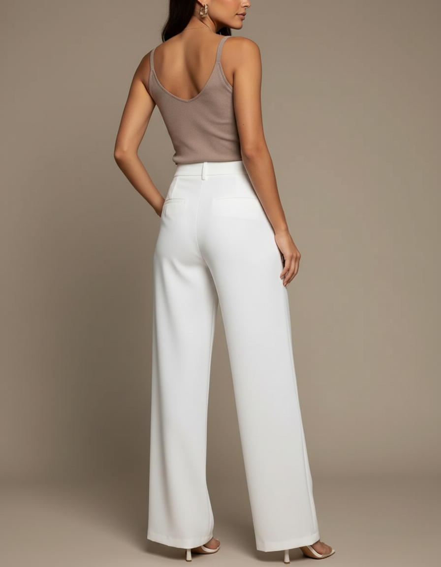 Pantalon Blanc Évasé Plissé Taille Haute Élégant - Polyester - vue 2