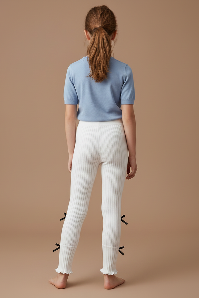 Pantalon Blanc Côtelé Fille Nœuds Mignons - Maille - vue 2