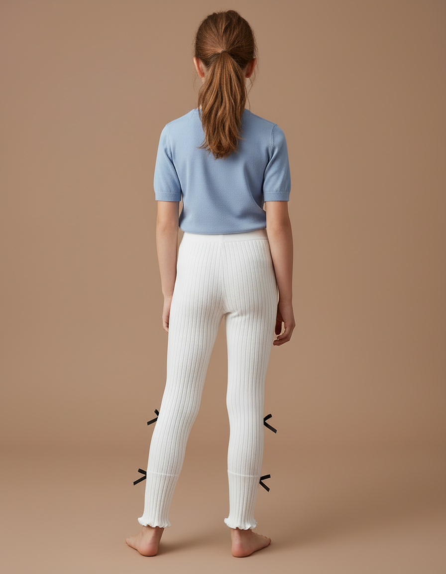 Pantalon Blanc Côtelé Fille Nœuds Mignons - Maille - vue 2