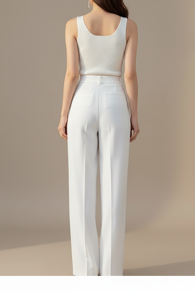 Pantalon Blanc Ample Taille Haute Jambe Large Décontracté - Polyester - vue 2
