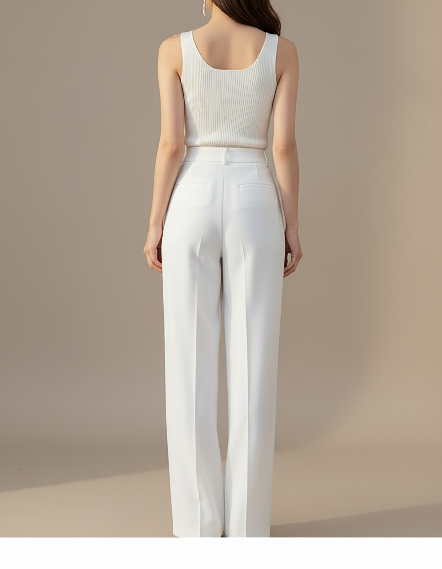 Pantalon Blanc Ample Taille Haute Jambe Large Décontracté - Polyester - vue 2