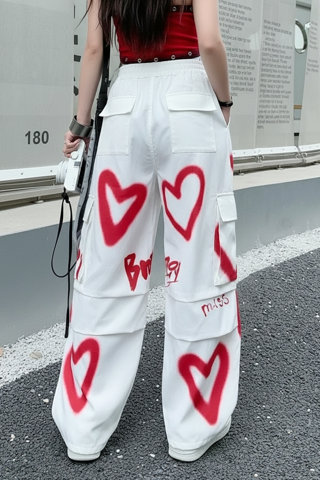 Pantalon Blanc Cargo Ample Fille Graffiti Cœurs - Toile