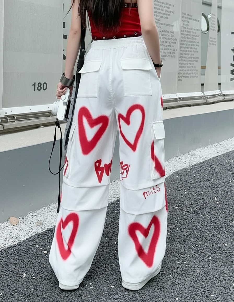 Pantalon Blanc Cargo Ample Fille Graffiti Cœurs - Toile