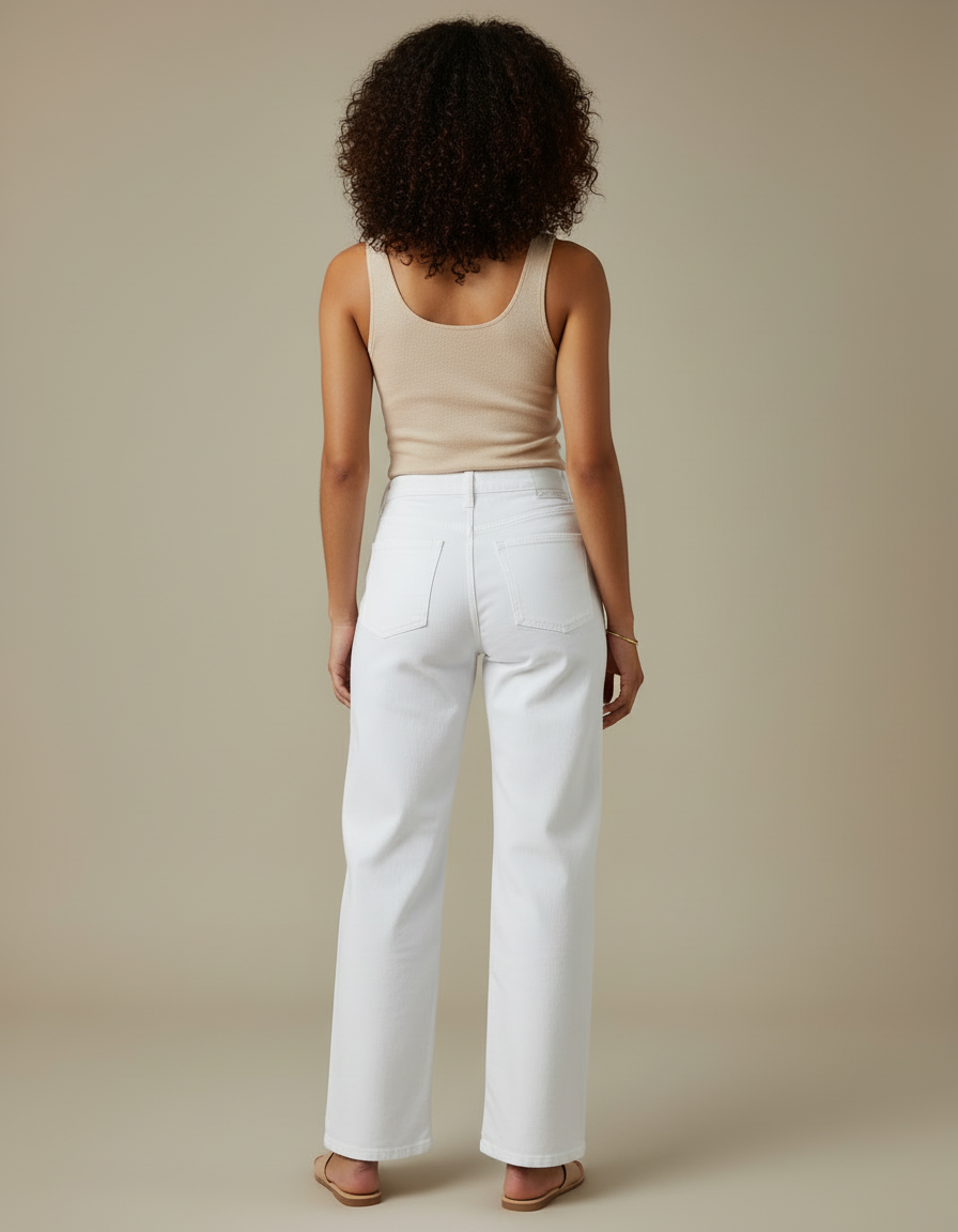 Pantalon Blanc Droit Décontracté Taille Haute Femme - Jean - vue 2