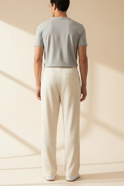 Pantalon Blanc Côtelé Ample Droit Décontracté Homme - Cordé - vue 2