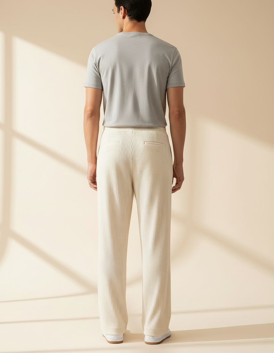 Pantalon Blanc Côtelé Ample Droit Décontracté Homme - Cordé - vue 2