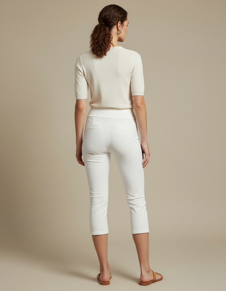 Pantalon Blanc Capri Taille Haute Stretch Slim Femme - Maille - vue 2