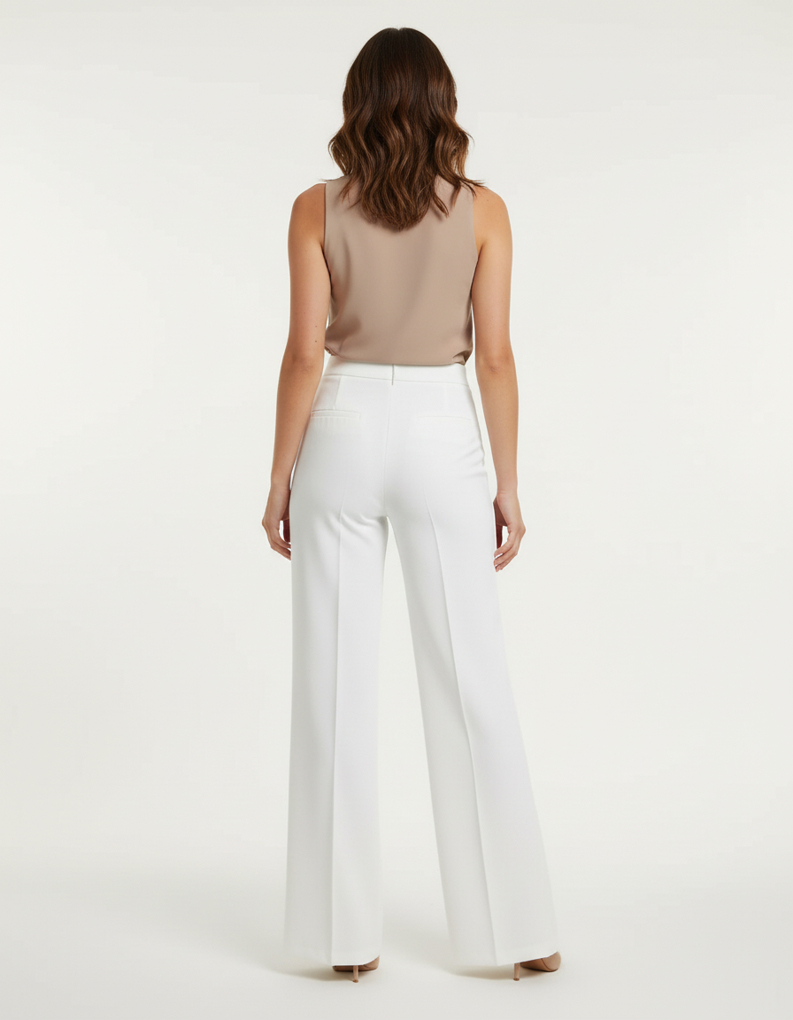 Pantalon Blanc Taille Haute Évasé Élégant Femme - Polyester - vue 2