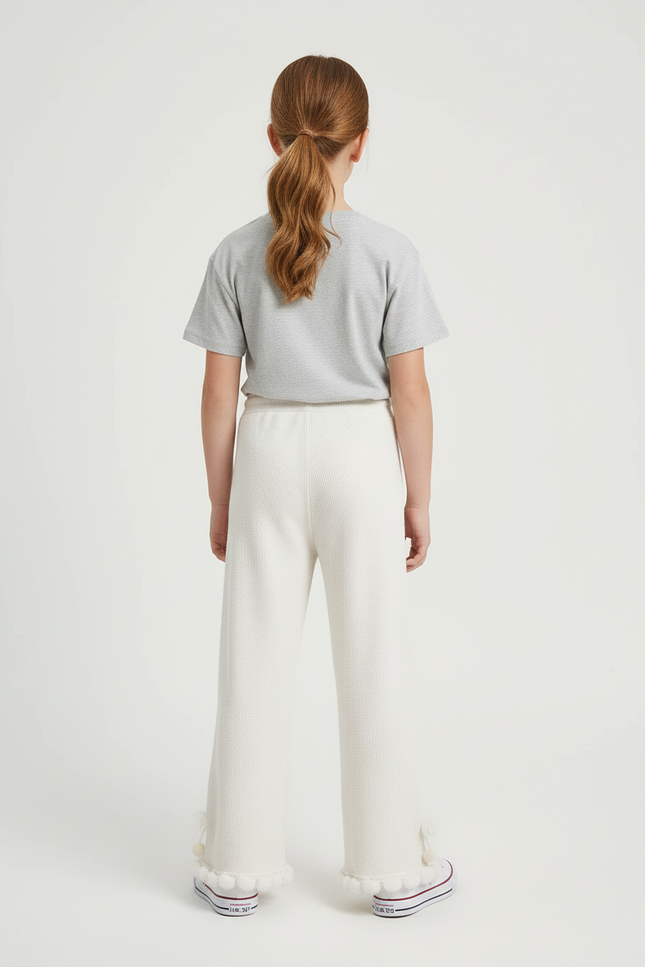 Pantalon Blanc Côtelé Pompons Enfant Ample - Maille - vue 2