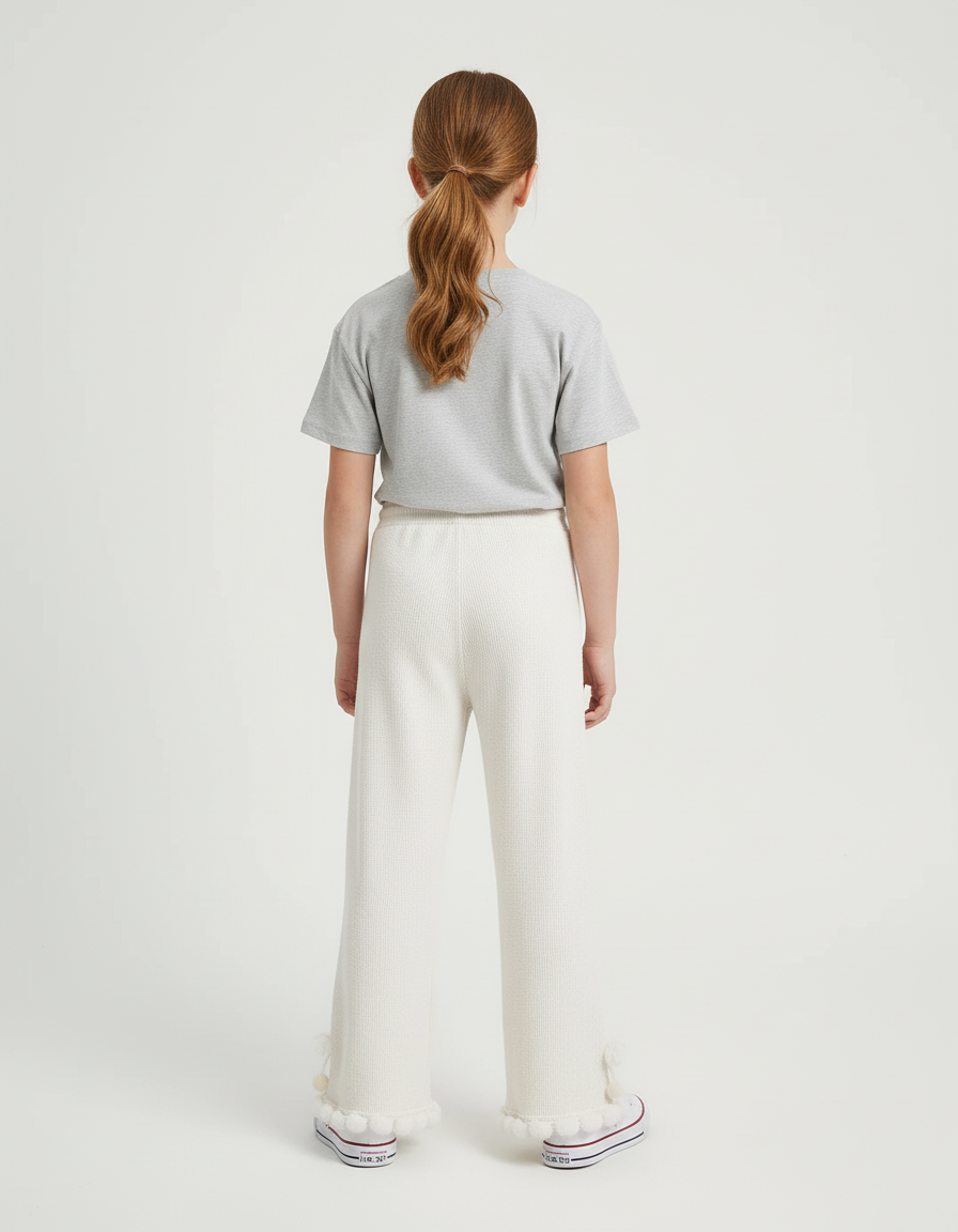 Pantalon Blanc Côtelé Pompons Enfant Ample - Maille - vue 2