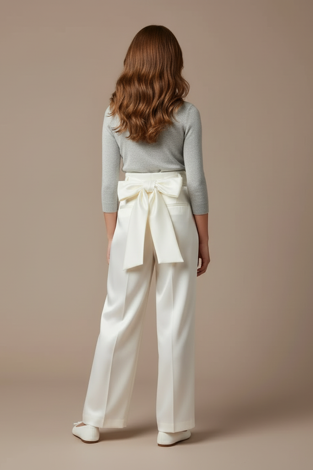 Pantalon Blanc Satiné Large Nœud Élégant Fille - vue 2