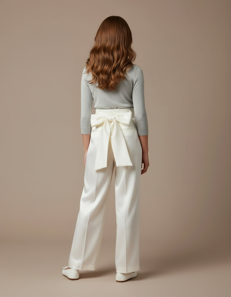 Pantalon Blanc Satiné Large Nœud Élégant Fille - vue 2