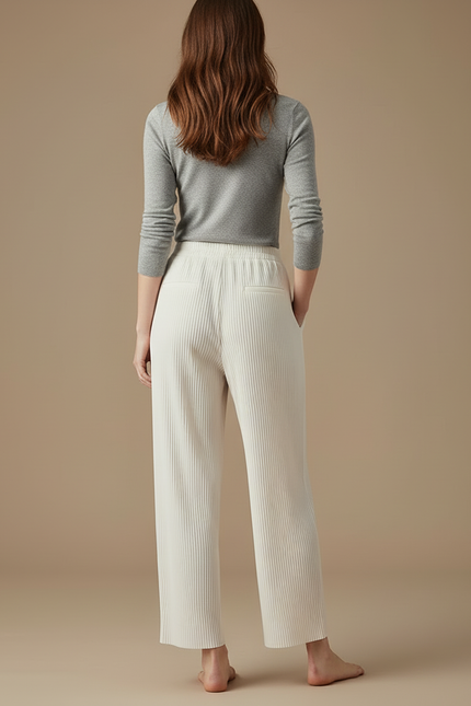 Pantalon Blanc Plissé Ample Fluide Élégant Femme - Polyester - vue 2