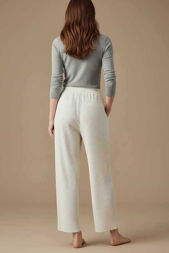 Pantalon Blanc Plissé Ample Fluide Élégant Femme - Polyester - vue 2