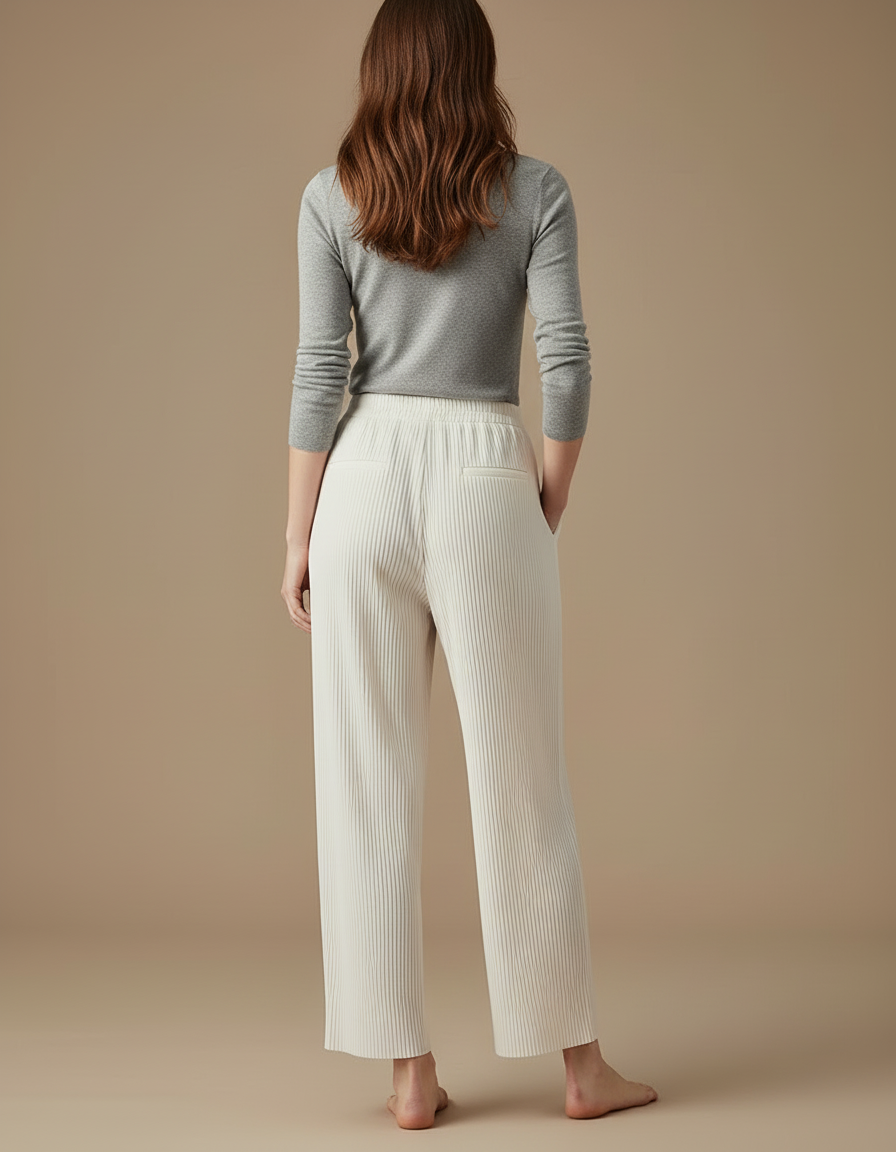 Pantalon Blanc Plissé Ample Fluide Élégant Femme - Polyester - vue 2