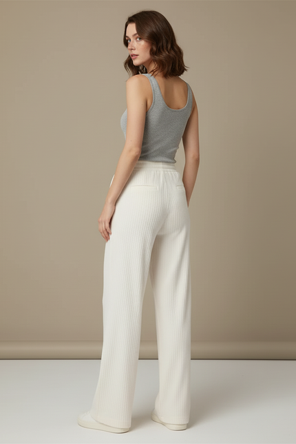 Pantalon Blanc Côtelé Droit Fluide Décontracté Femme - Maille - vue 2