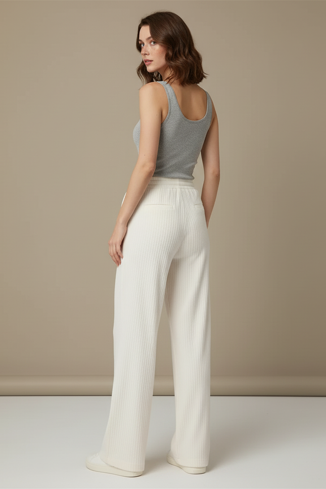 Pantalon Blanc Côtelé Droit Fluide Décontracté Femme - Maille - vue 2