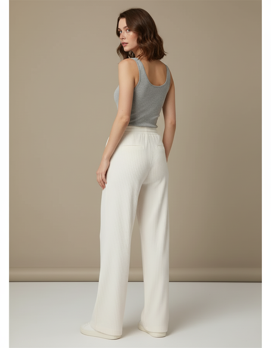 Pantalon Blanc Côtelé Droit Fluide Décontracté Femme - Maille - vue 2