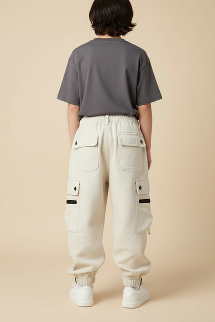 Pantalon Blanc Cargo Ample Décontracté Garçon - Beige Molleton - vue 2