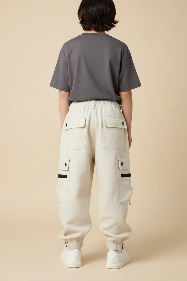 Pantalon Blanc Cargo Ample Décontracté Garçon - Beige Molleton - vue 2