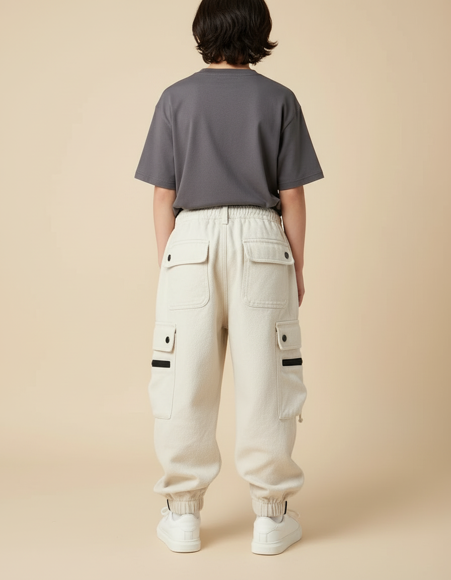 Pantalon Blanc Cargo Ample Décontracté Garçon - Beige Molleton - vue 2