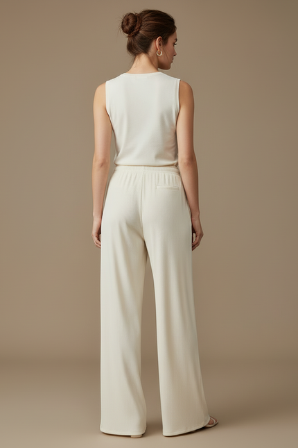 Pantalon Blanc Plissé Fluide Décontracté Confortable Large - Maille - vue 2