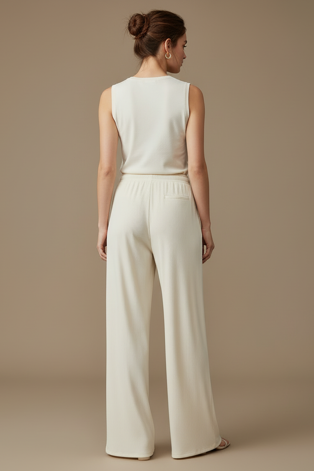 Pantalon Blanc Plissé Fluide Décontracté Confortable Large - Maille - vue 2