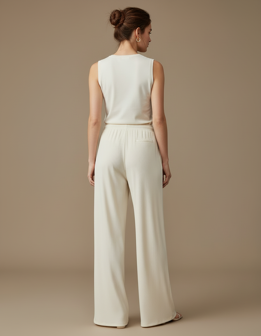 Pantalon Blanc Plissé Fluide Décontracté Confortable Large - Maille - vue 2