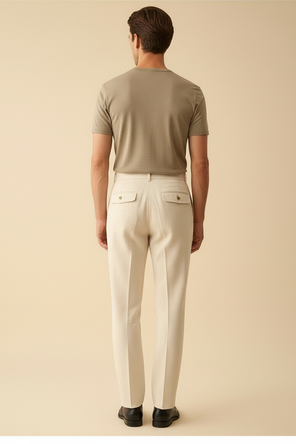 Pantalon Blanc Droit Plissé Habillé Lin Élégant Homme - Beige - vue 2