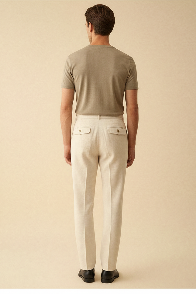 Pantalon Blanc Droit Plissé Habillé Lin Élégant Homme - Beige - vue 2