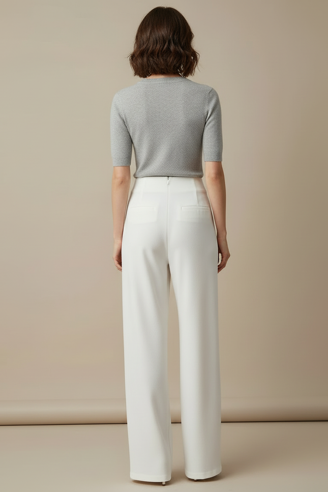 Pantalon Blanc Évasé Taille Haute Élégant Femme - Polyester - vue 2