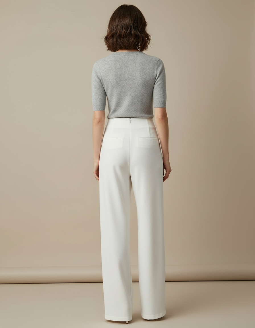 Pantalon Blanc Évasé Taille Haute Élégant Femme - Polyester - vue 2