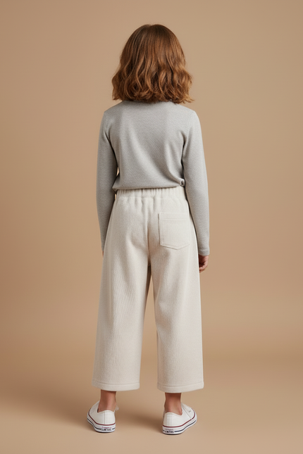 Pantalon Blanc Côtelé Ample Brodé Décontracté Enfant - Beige Cordé - vue 2