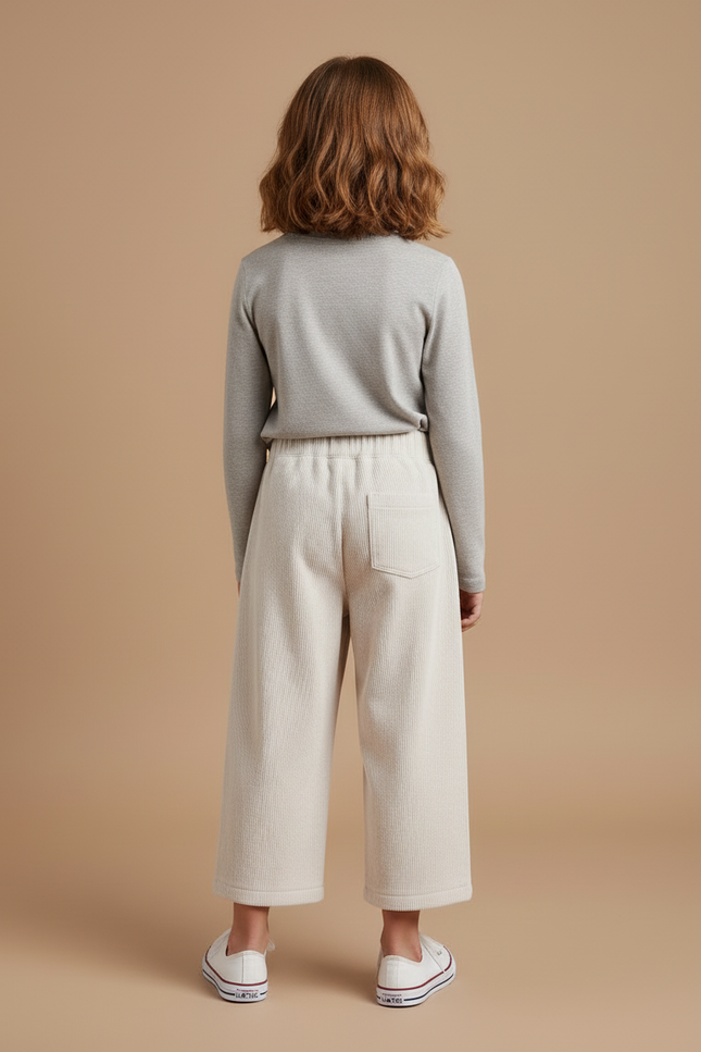 Pantalon Blanc Côtelé Ample Brodé Décontracté Enfant - Beige Cordé - vue 2