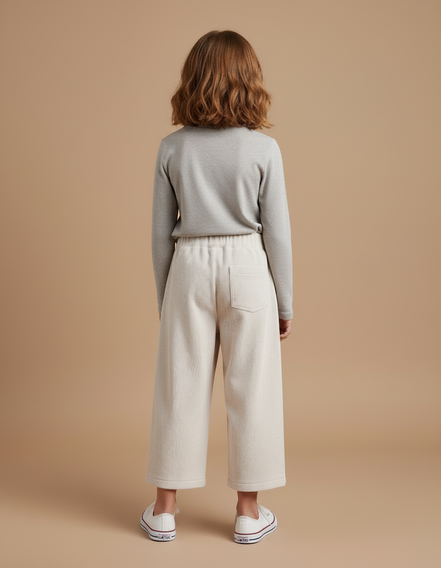 Pantalon Blanc Côtelé Ample Brodé Décontracté Enfant - Beige Cordé - vue 2