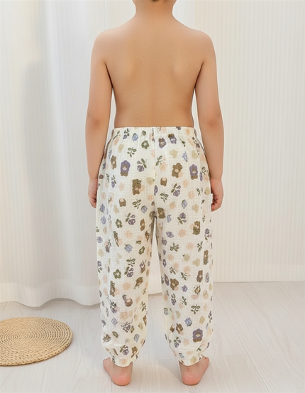 Pantalon Blanc Mousseline Motif Ours Fleuri Enfant Ample - Coton