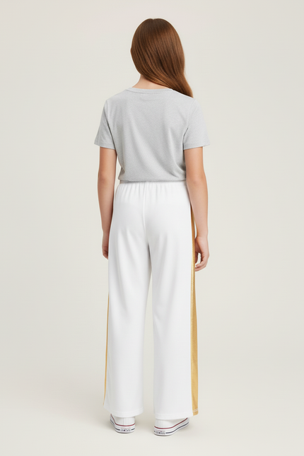 Pantalon Blanc Bande Latérale Dorée Fille Évasé - Polyester - vue 2