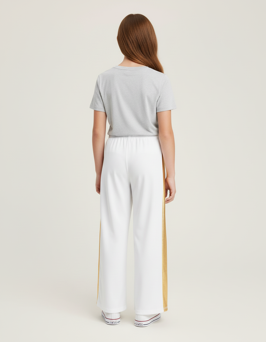 Pantalon Blanc Bande Latérale Dorée Fille Évasé - Polyester - vue 2