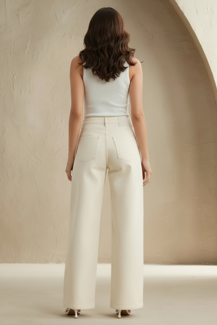 Pantalon Blanc Large Pailleté Taille Haute Élégant - Beige Coton - vue 2