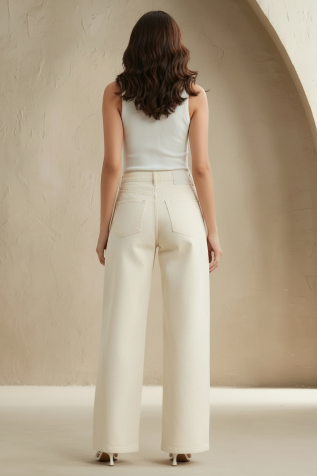 Pantalon Blanc Large Pailleté Taille Haute Élégant - Beige Coton - vue 2
