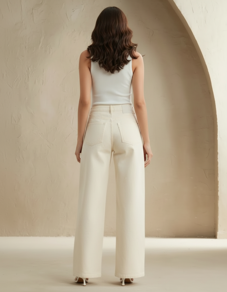 Pantalon Blanc Large Pailleté Taille Haute Élégant - Beige Coton - vue 2