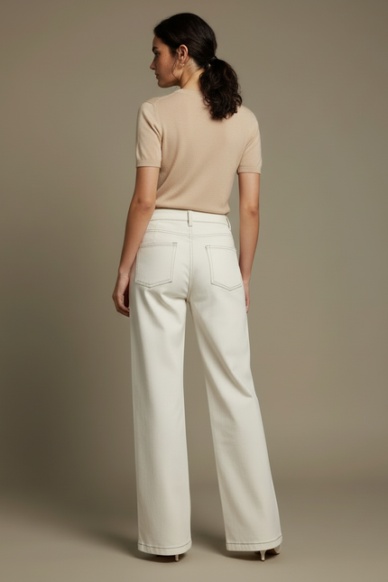 Pantalon Blanc Droit Coton Taille Haute Élégant - Jean - vue 2