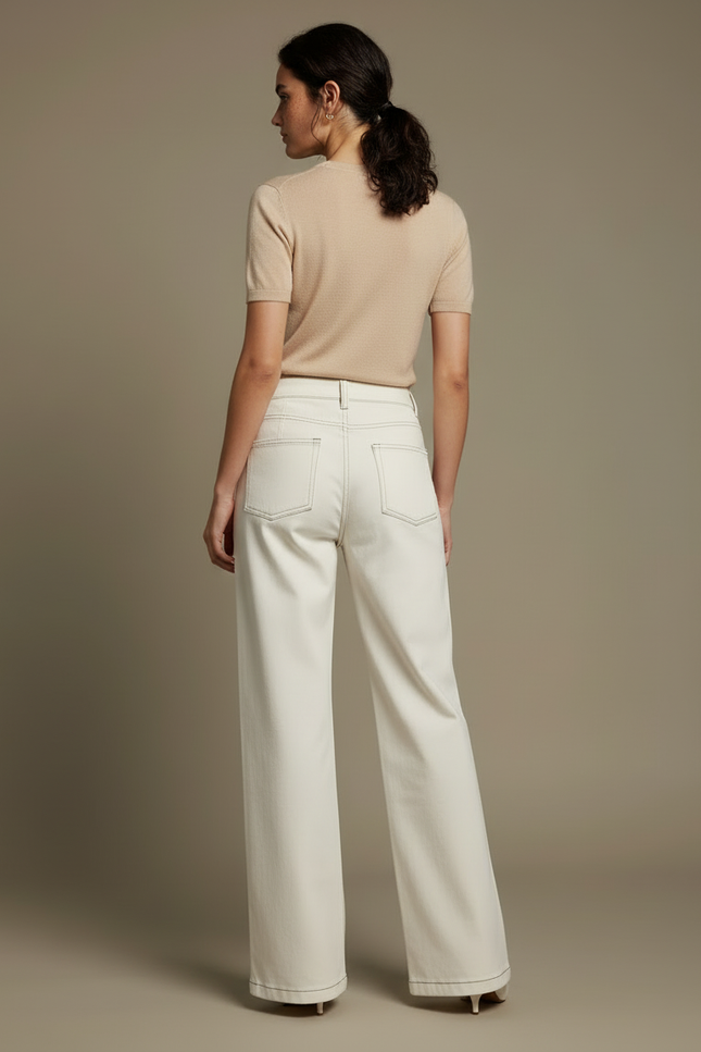 Pantalon Blanc Droit Coton Taille Haute Élégant - Jean - vue 2