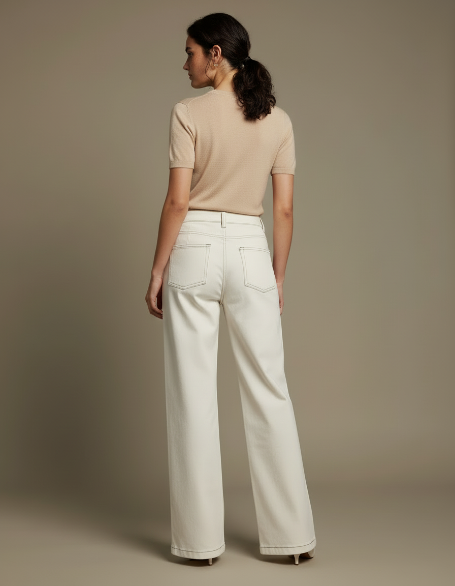 Pantalon Blanc Droit Coton Taille Haute Élégant - Jean - vue 2