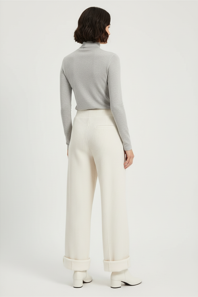Pantalon Blanc Crème Large Tricoté Côtelé Femme - Maille - vue 2
