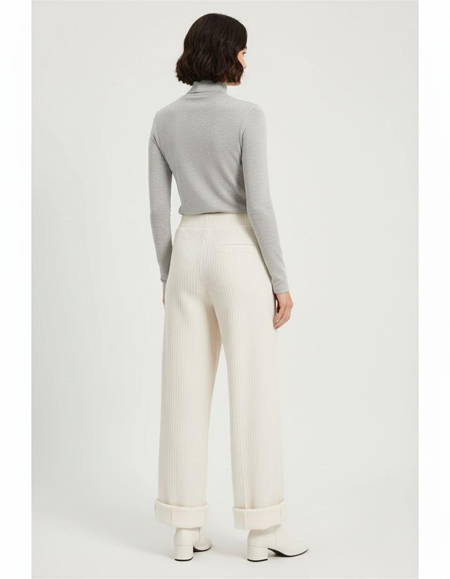 Pantalon Blanc Crème Large Tricoté Côtelé Femme - Maille - vue 2