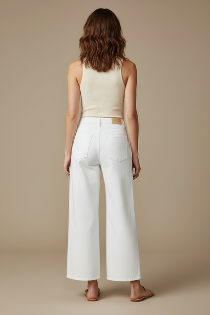 Pantalon Blanc Brodé Ajouré Large Évasé Élégant - Jean - vue 2