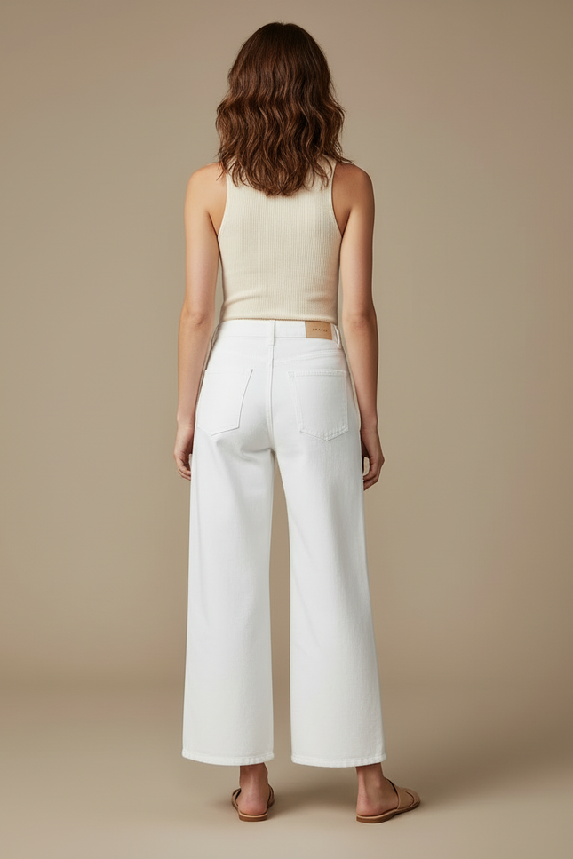 Pantalon Blanc Brodé Ajouré Large Évasé Élégant - Jean - vue 2